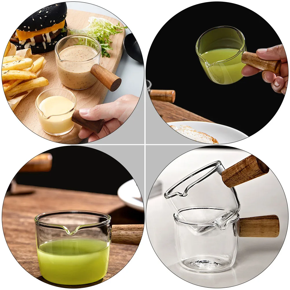 

1 Set Glass Milk Pitcher With Wooden Handle Easy To Clean Lightweight Coffee Latte Art Cup Baking Measuring Cup Home Kitchen