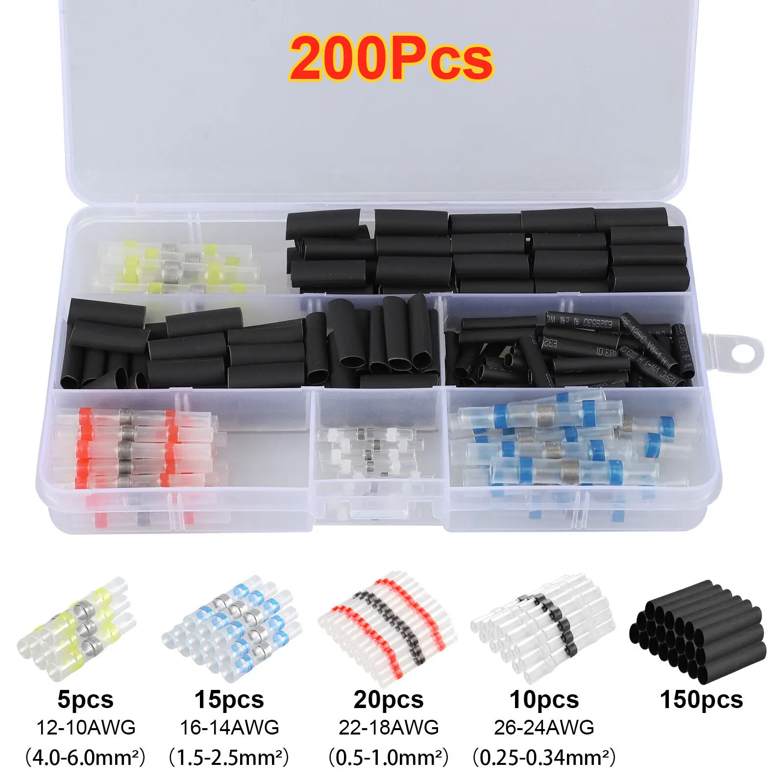 

200PCS Solder Seal Sleeve Heat Shrink Electric Butt Wire Connectors Terminal Kit