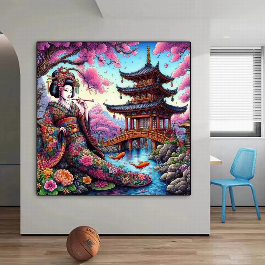 Fullcang Diy Full Diamonds Painting New Collection Kimono Woman Geisha Japanese Style Mosaic Embroidery Sakura Pavilion Picture