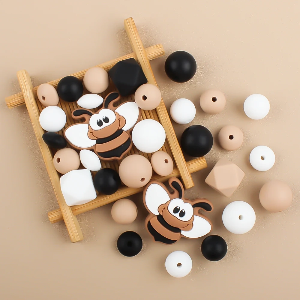 65Pcs/Set honeybee Silicone Beads Baby Hexagon Round Teething Beads Teether Set DIY Pacifier Chian Jewelry Nursing Accessory