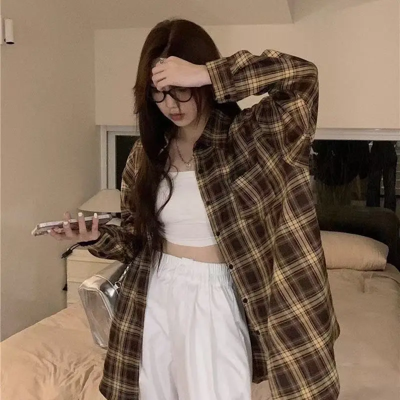 Neues Harajuku braunes Karohemd Streetwear Herbst Damen Vintage Langarm Oversize Bluse Koreanische Mode Knopfkleidung für Frauen – Detail 5
