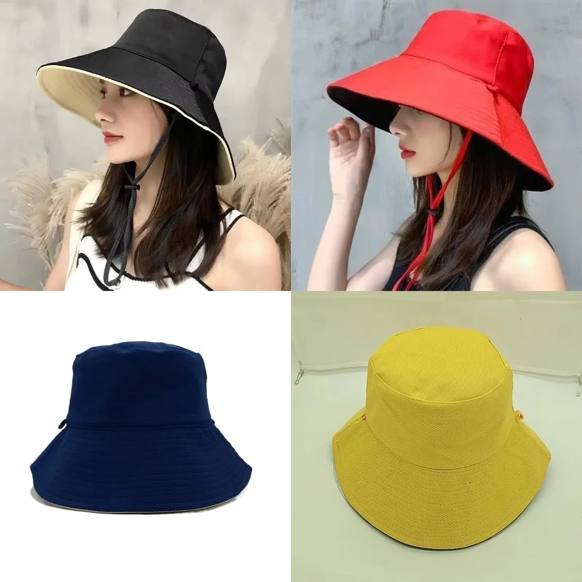 Double Sided Large Brimmed Fisherman Hat Casual Solid Color Lightweight Sunshade Hat Foldable and Detachable Windproof Rope