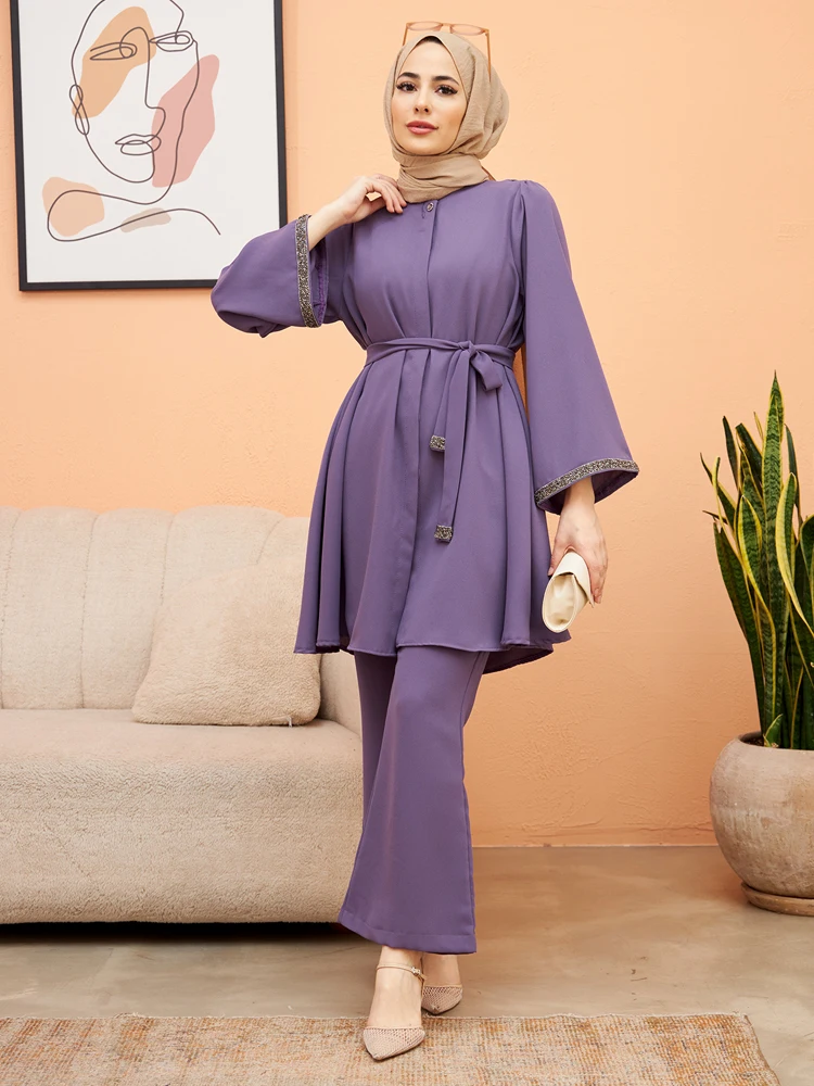 Women Spanish Leg Tunic Pants Suit New Season Muslim Set Islamic Combination Belt Sleeves with Stones and Buttons Hidden Pat