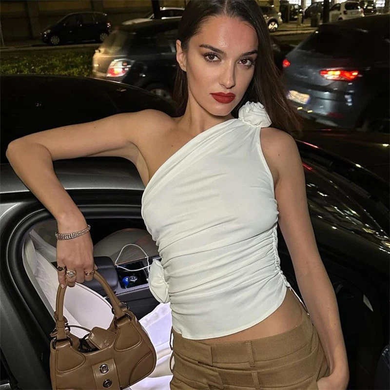 Cryptographic Floral Applique Sexy Crop Tops for Women Summer Club Party Irregular Y2K Tank Tops White Sleeveless Ruched Elegant
