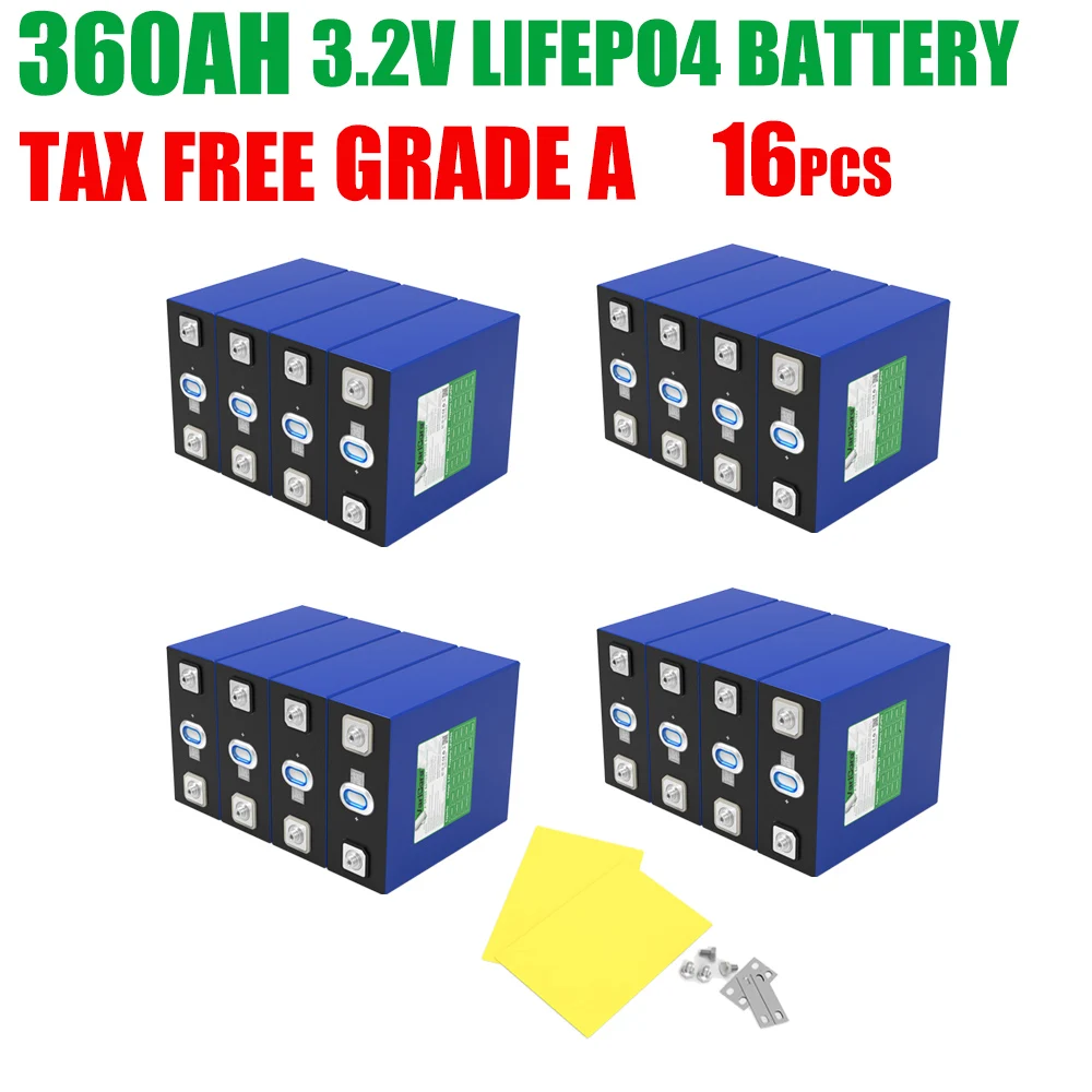 16pcs 3.2v 360Ah 340Ah Lifepo4 Battery Lithium Iron Phosphate Cell For 12v 24v RV Campers Golf Cart Off-Road Off-grid Solar Wind