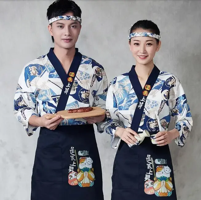 Japanese Chef Uniform Cuisine Jacket Kimono Work Clothes Sushi Tops Restaurant  Print Spring Vintage