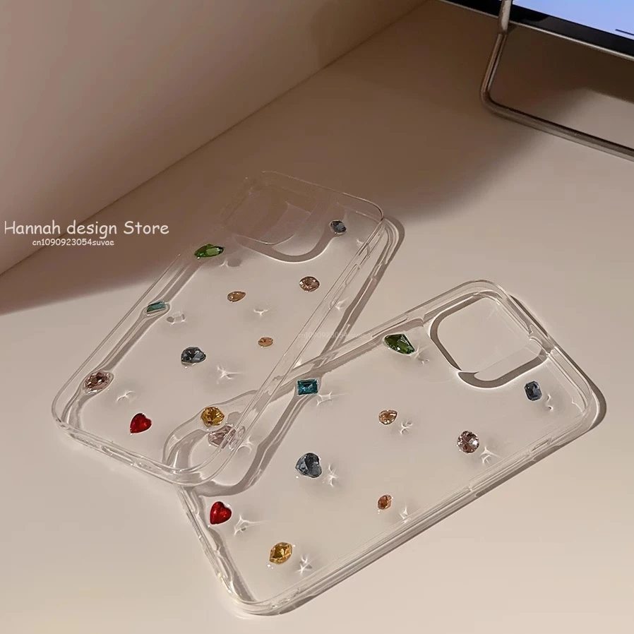 3D 만화 귀여운 컬러 보석 라인스톤 아이폰 16 15 14 플러스 13 12 11 프로 맥스 블링 글리터 투명 후면 커버 폰 케이스