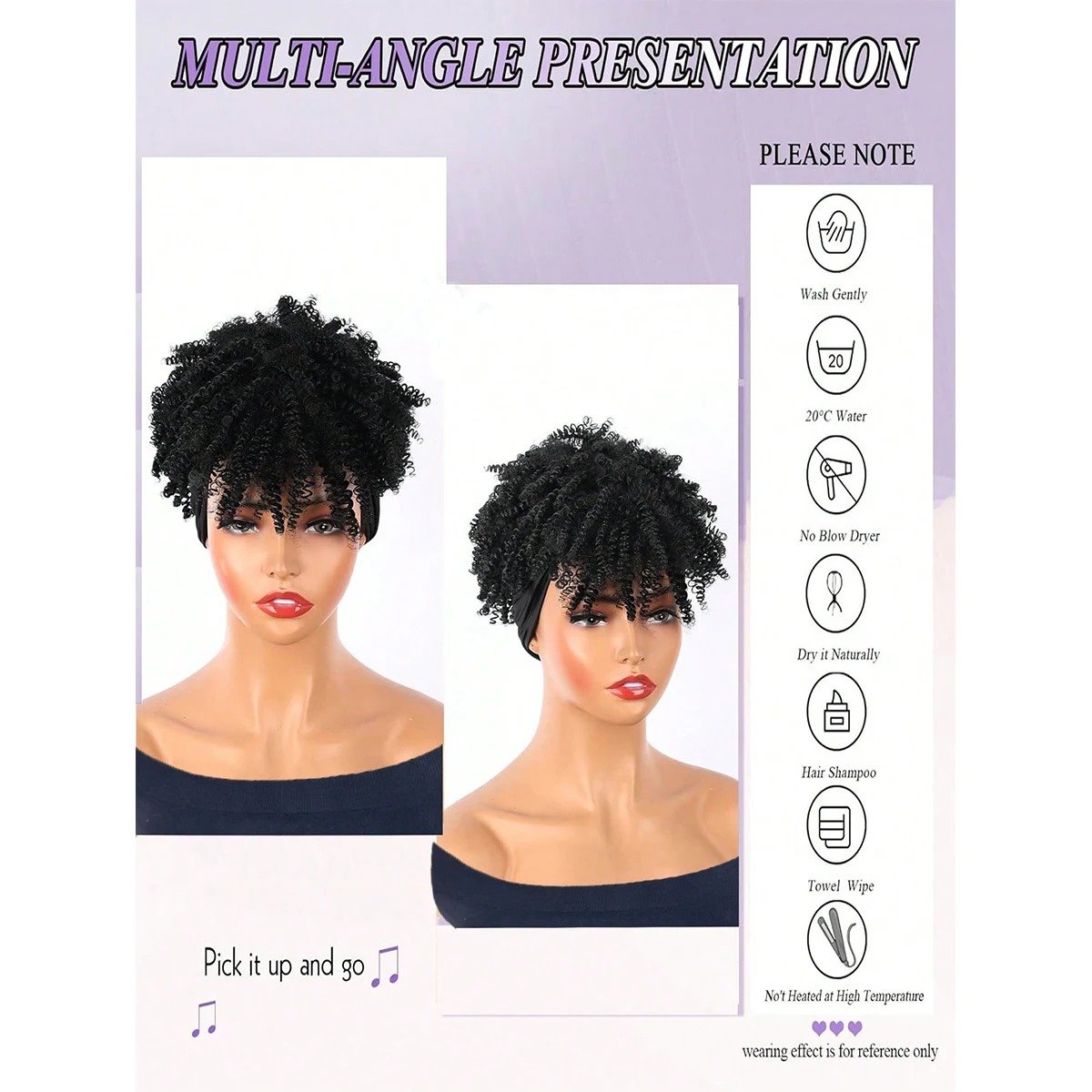 عقال الباروكات الاصطناعية قصيرة الأفرو غريب مجعد الباروكات شعر مستعار بني داكن مع الانفجارات التفاف الباروكات 2 في 1 شعر مستعار عمامة #5