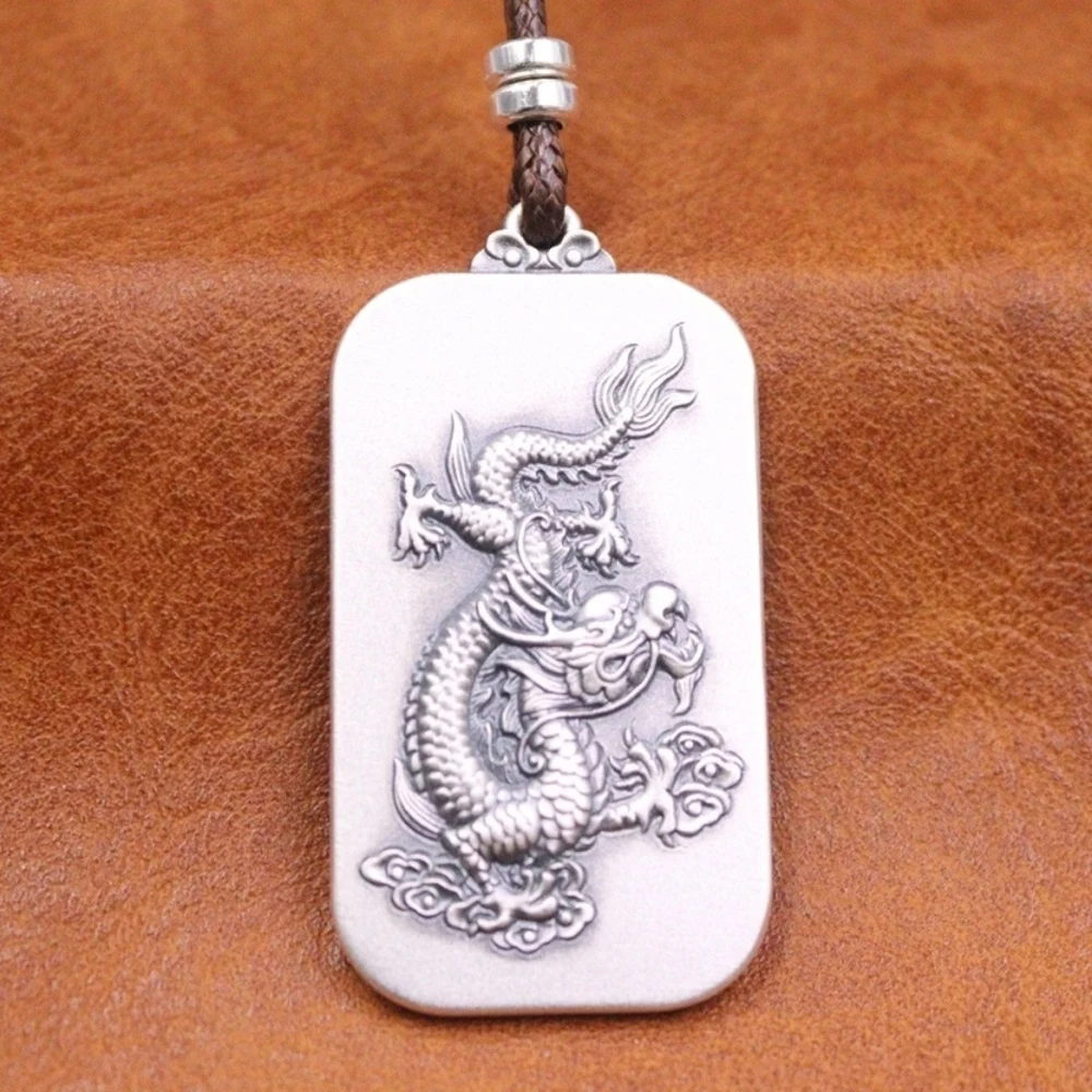 

Real Pure 999 Fine Silver Men Women Lucky Retro Carved Dragon Oblong Pendant 18-19g