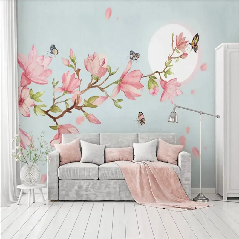 

Nordic Pink Hand-painted Magnolia Butterfly Love Flower Home Decor Mural Wallpapers for Living Room Walls 3D Blue Wall Paper