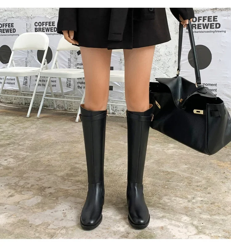 Women Low Heeled Knee High Boots Autumn Winter New Design Soft Leather Knight Boots Fashion Round Toe Warm Botas Botas De Mujer