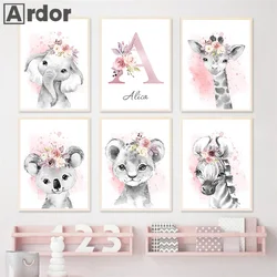 Koala Rabbit Tiger Lion Giraffe Pink Flower Wall Art Canvas Painting Nordic Posters And Prints Picture Baby Kids Girl Room Decor