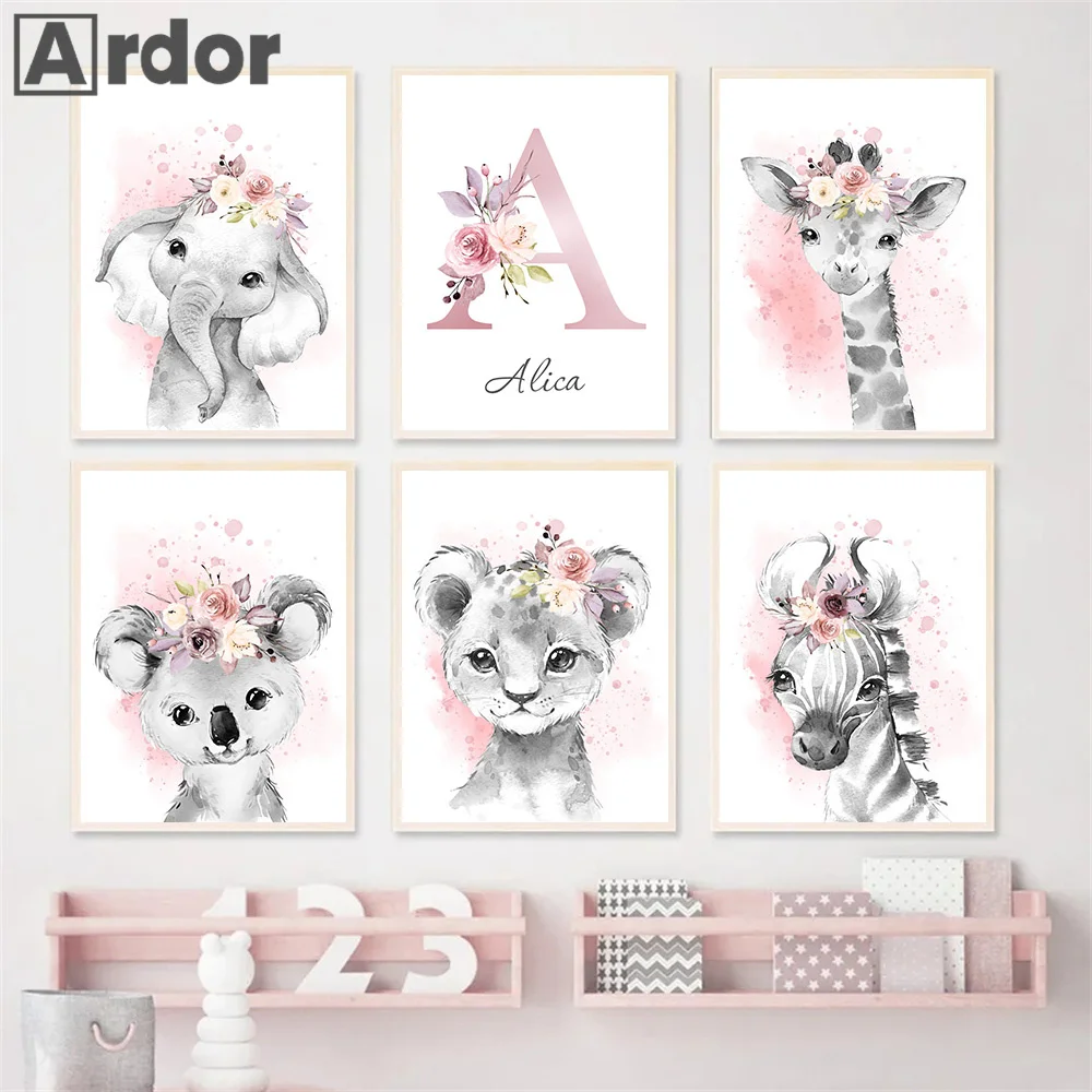 Koala Rabbit Tiger Lion Giraffe Pink Flower Wall Art Canvas Painting Nordic Posters And Prints Picture Baby Kids Girl Room Decor