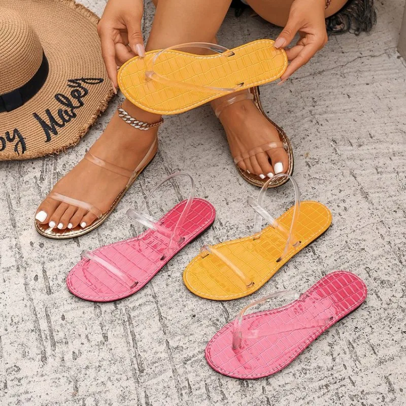 2026 Summer New Flat Sandals for Women Solid Color One Line Soft Bottom PVC Beach Sandals Shoes Women