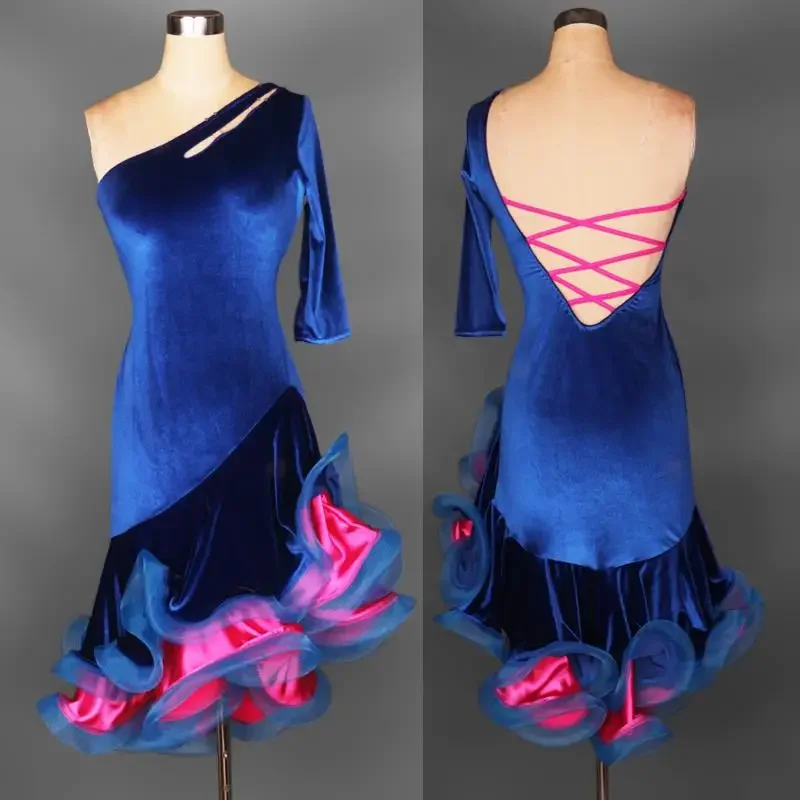 Vestido de dança latina manga longa feminino competição adulto roxo preto vermelho trajes flamenco salão salsa samba tango vestidos