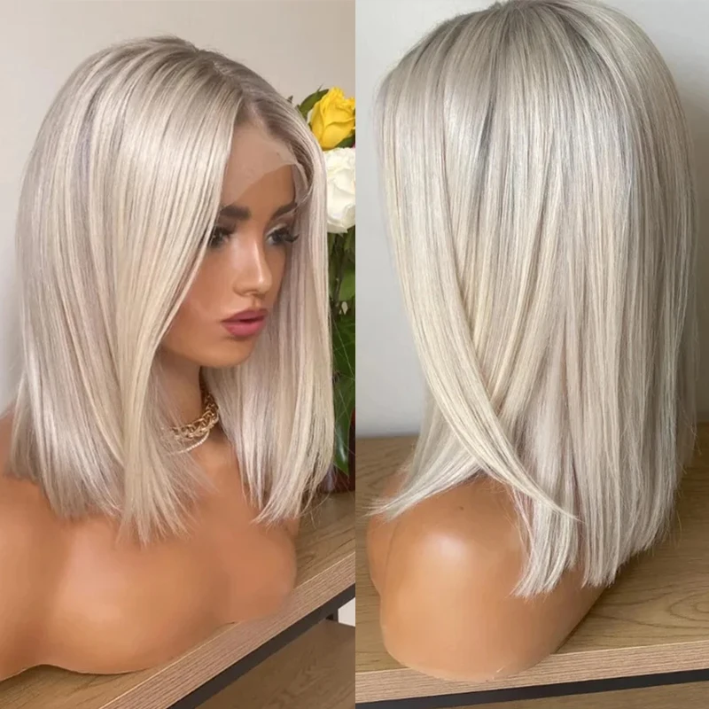 Platinum Blonde Bob 13x4 Lace Front Wig for Women Glueless Cosplay Heat Resistant Synthetic Rooted Straight Wig Mix Human Hair
