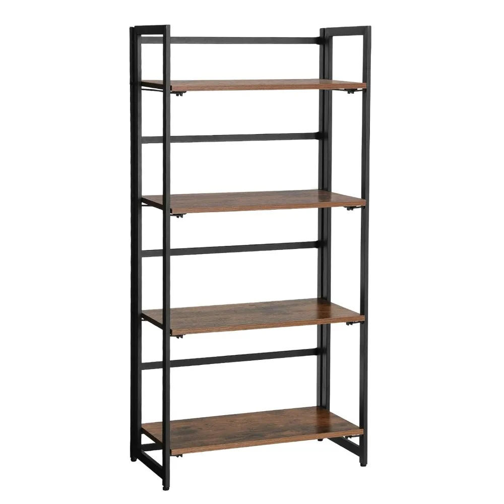 

Industrial Bookshelf, Folding Bookcase, 4-Tier Ladder Shelf, Wood Look Accent Furniture with Metal Frame, Customized