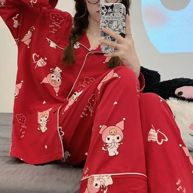 

Women Sexy Pajama Sets Kawaii Cartoon Autumn and Winter Leisure Long Sleeves Long Pants Red Homewear New Style