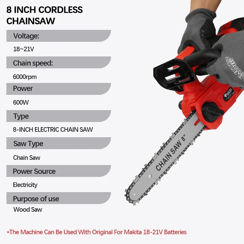 Motosierra eléctrica sin escobillas EG de 8 pulgadas, sierra de jardín portátil inalámbrica de 6000RPM, herramienta eléctrica de corte para carpintería para batería Makita de 18V