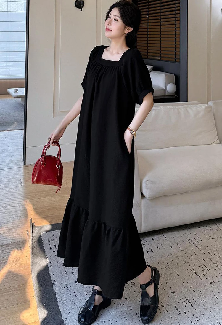 NYFS فستان صيفي 2025 النمط الكوري المرأة فضفاضة حجم كبير كم قصير القطن الكتان فستان طويل رداء Elbise #4