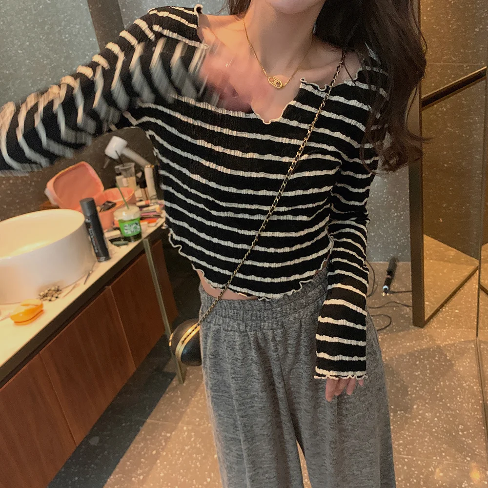 

Новая женская летняя футболка Ibell Zhang с V-образным вырезом и длинным рукавом, в полоску, повседневная, приталенная, из полиэстера, с капюшоном