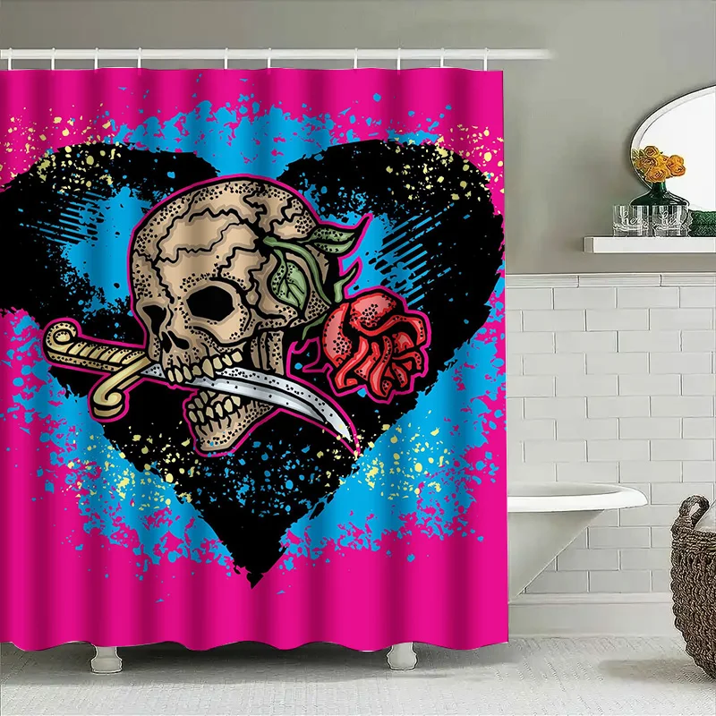 

Занавеска для душа Tuniu Skull Rose Heart в готическом стиле, черный, розовый, этническое искусство, водонепроницаемый декор для ванной комнаты