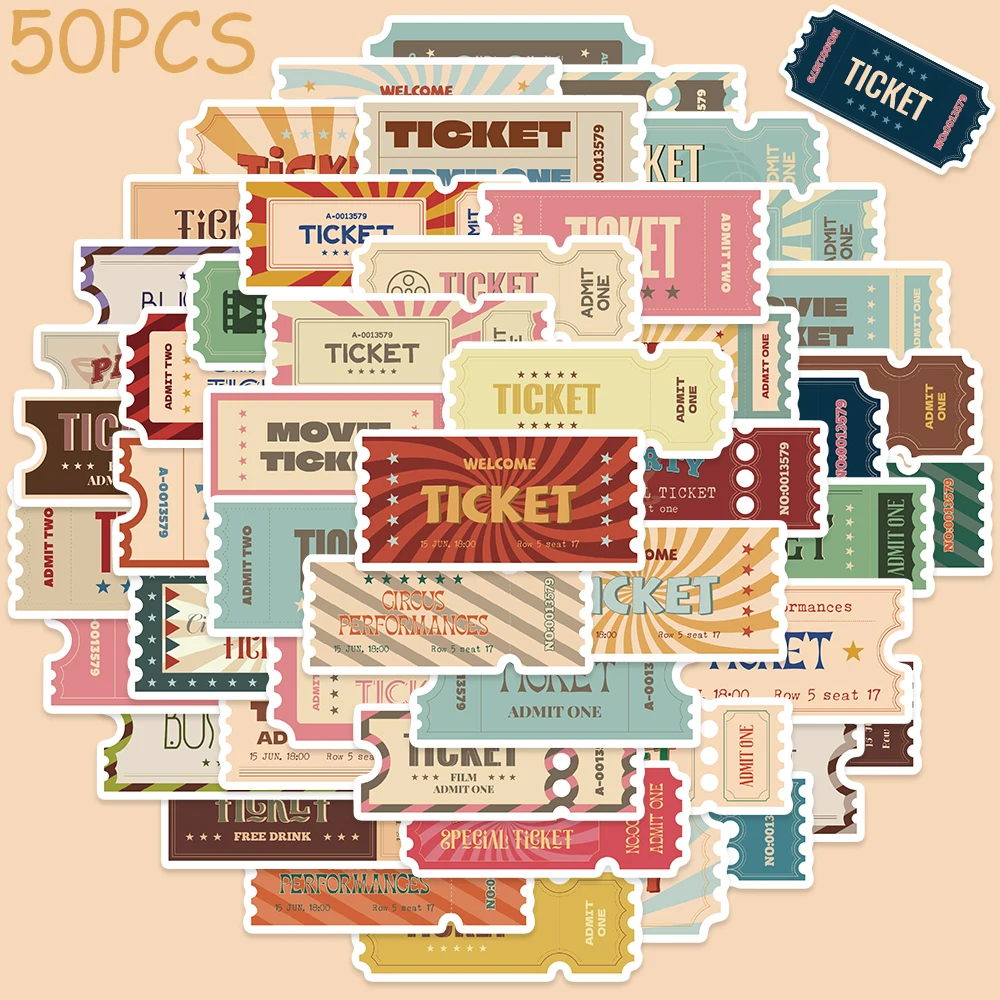 50pcs Vintage Ticket Stub Stickers Decals For Phone Scrapbook Refrigerator Helmet Graffiti Aesthetic Stickers Creative Gifts