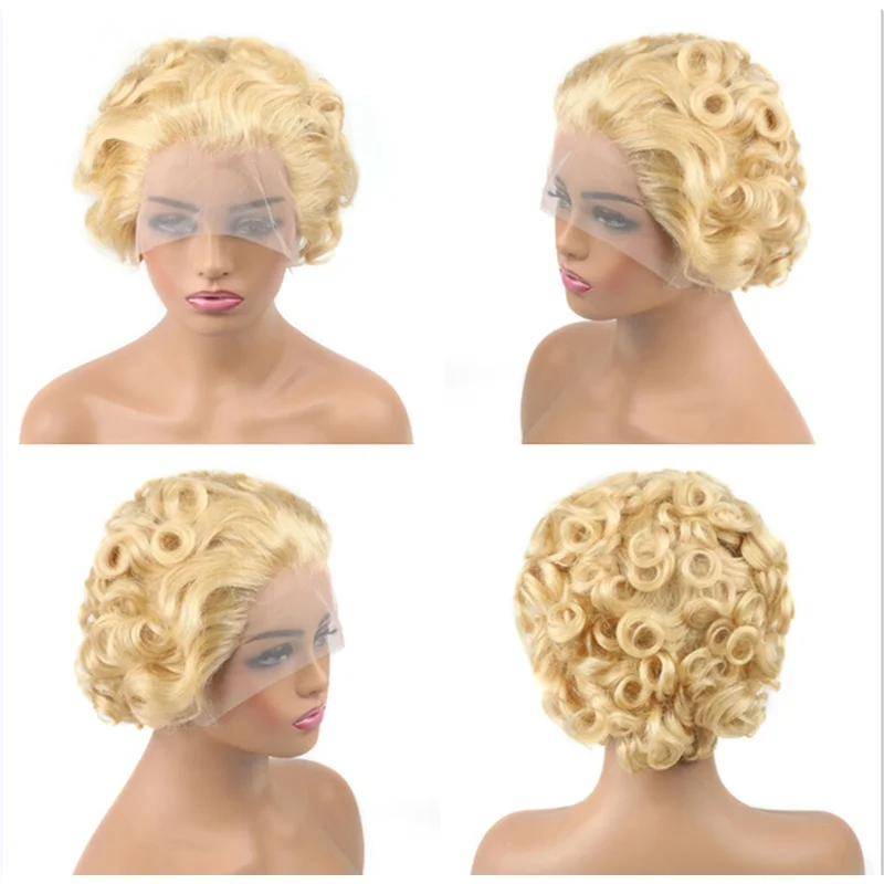 Light Blonde Curly  Hair Wig Pixie Cut Glueless Short 13x1 Lace Front Wig