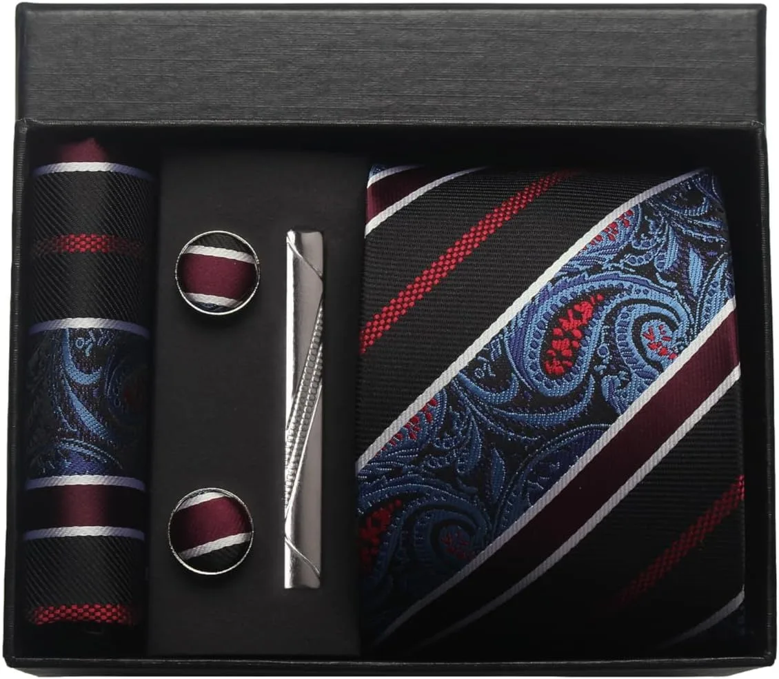 100 % Seidenkrawatte, Paisley-Blumenmuster, Herrenkrawatte, hochwertige Business-Krawatte, Einstecktuch, Krawattenklammer, Manschettenknöpfe-Set, klassisch, für Männer, Geschenkbox