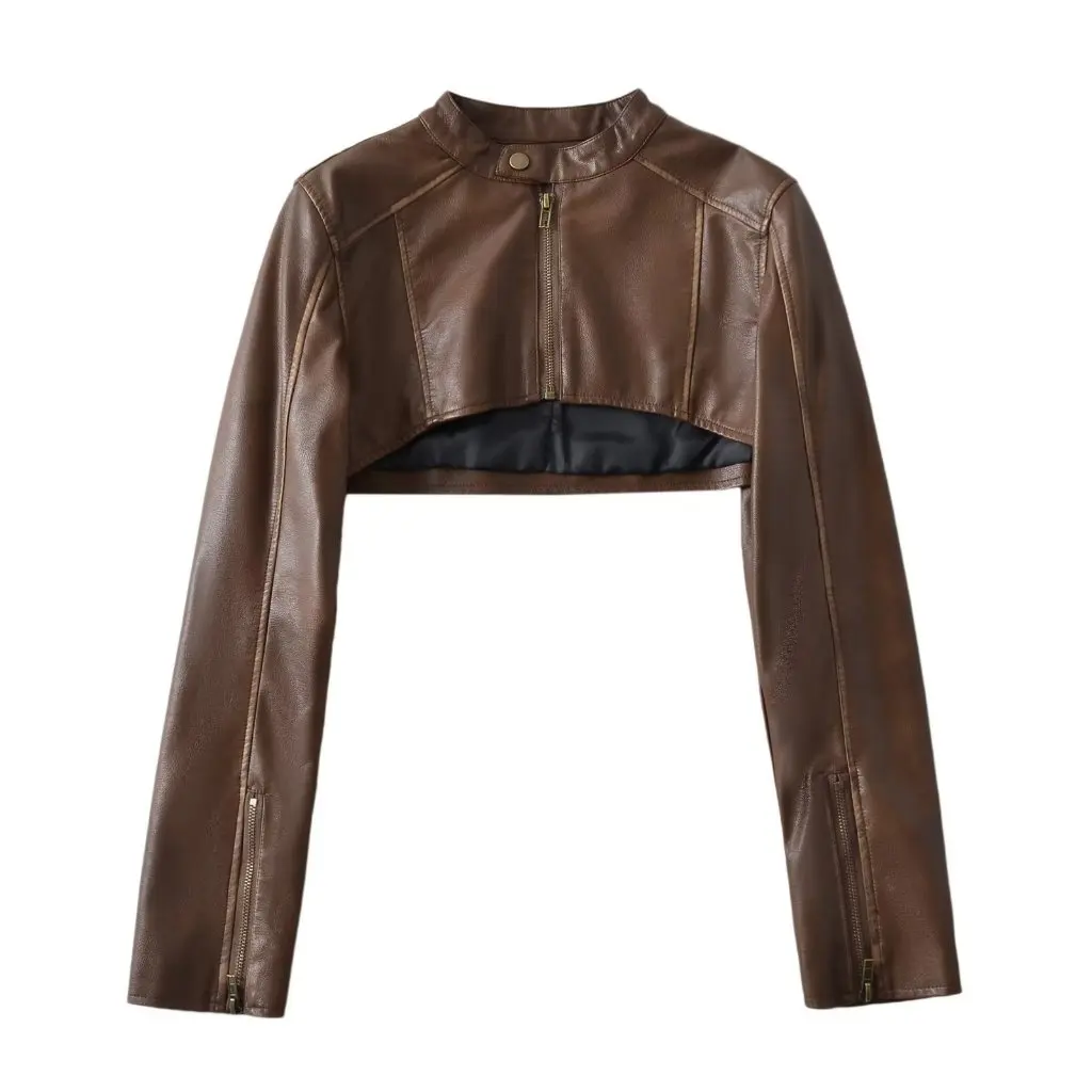 Casaco retrô de couro PU ultracurto lavado para mulheres outono inverno novo estilo atacado W223316