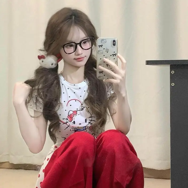 Hello Kitty 2026 Short-Sleeved Summer Women's New Sweet Cool Cartoon Round Neck T-Shirt Printed Polka Dot Tops Versatile Cute