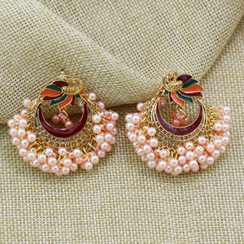 أقراط Jhumka Jhumki الكلاسيكية المتدلية أقراط الطاووس الهندية من بوليوود كوندان