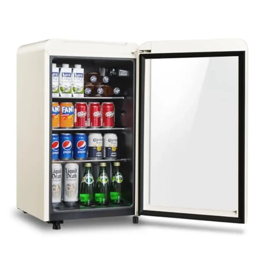 Retro beverage refrigerator cooler, 3.2 cu.ft mini fridge with tempered glass door, stainless steel finish, sleek black color,