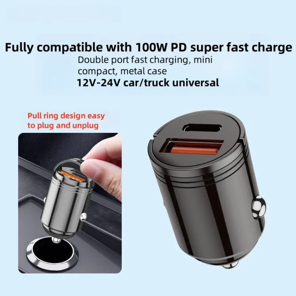 

USB C Car Charger Compatible For IPhone 15 Galaxy Phones 100W PD Ultra Fast Charging Adapter With Invisible Pull Ring