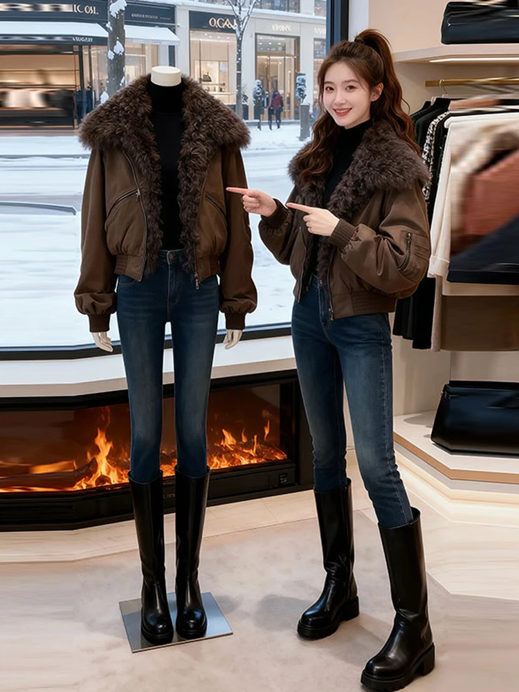 

Korean Style Women's Short Thickened Loose Cotton Jacket Winter Warm Fur Collar Workwear Casual Outerwear Fashionable Coat