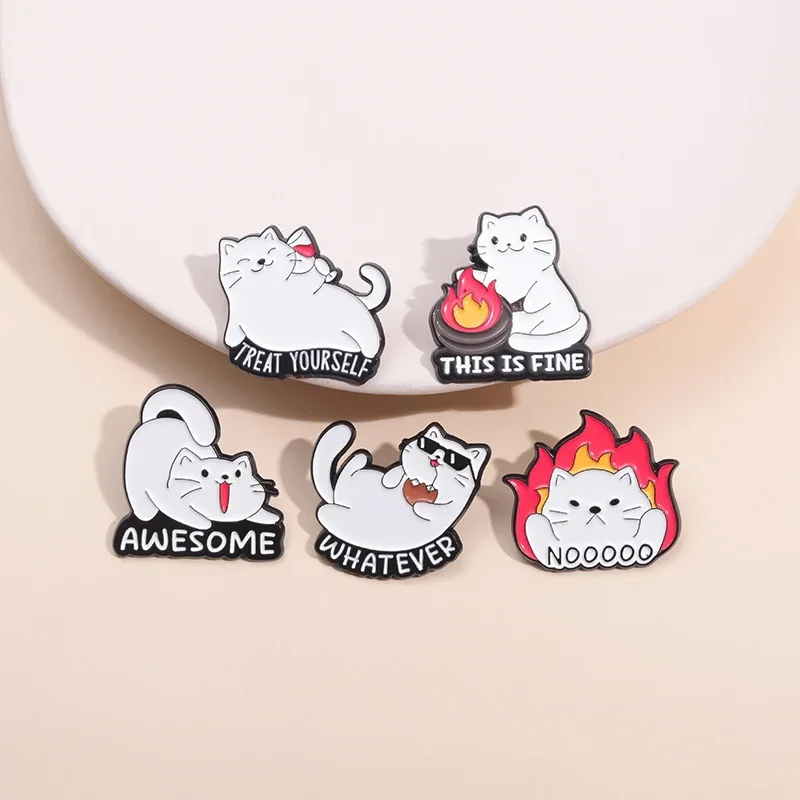 5PCS/SET Cute White Cat Enamel Pins Custom THIS IS FINE TREAT YOURSELF Brooches Lapel Badges Animal Jewelry Gift Wholesale