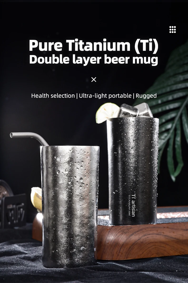 Tiartisan 380ml Reintitan Doppelwandiger Bierbecher Outdoor Camping Ultraleichter Saft- und Kaffeebecher – Detail 1