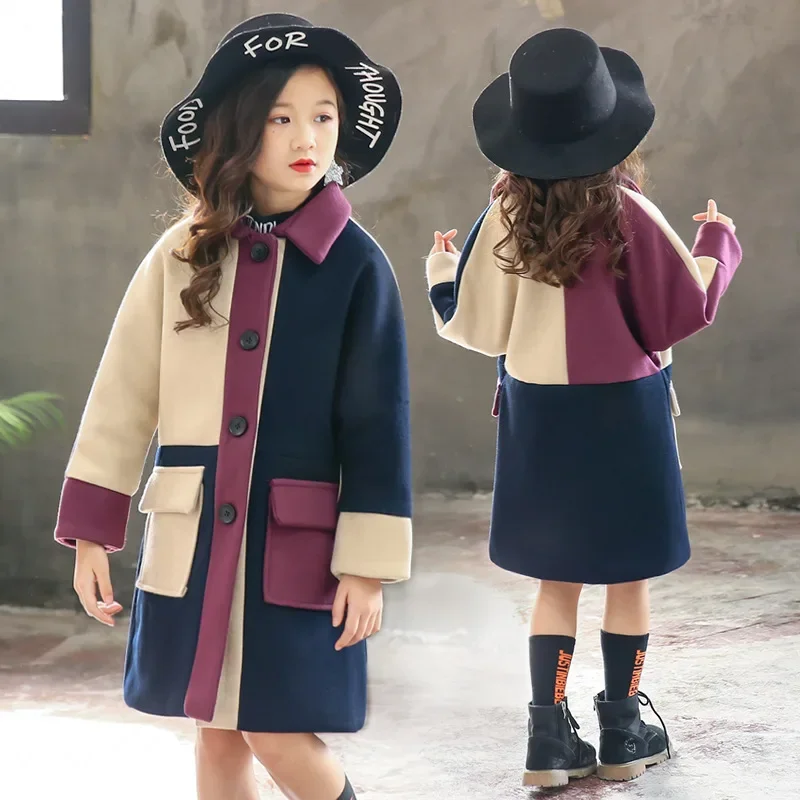 Girls Woolen Coat 2024 New Winter Children Woolen Windbreaker Girls Fashion Outwear Girls Coat Jacket Warm Patchwork Jacket