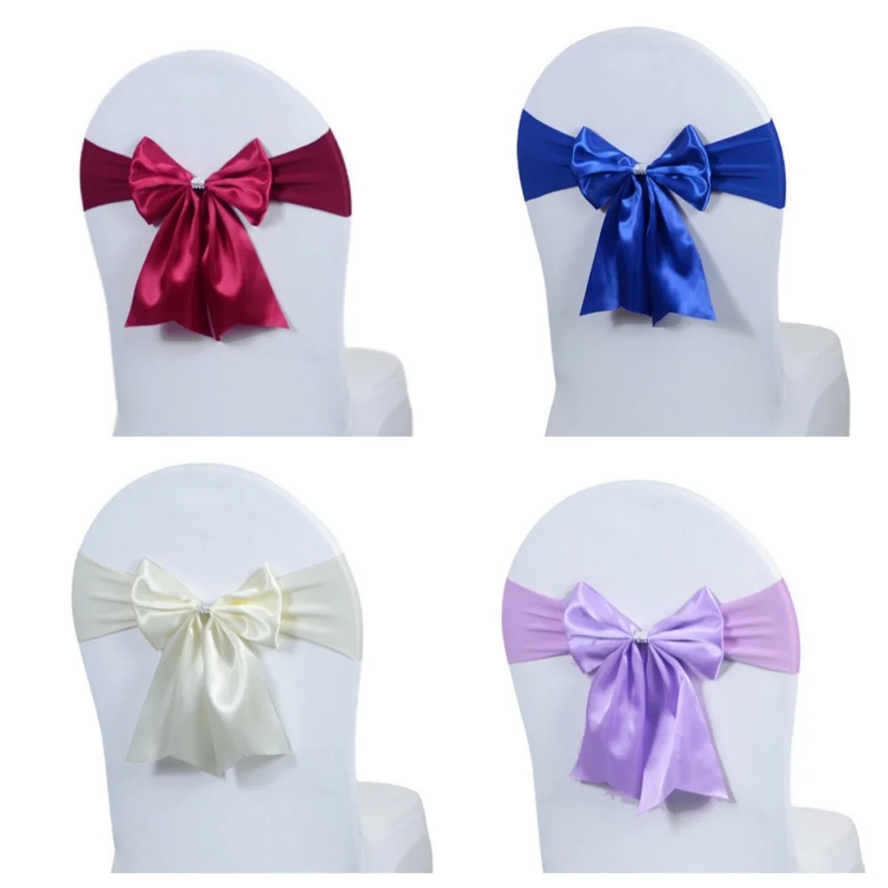Wedding Decorations Satin Chair Sashes Bows Ties Ready Made Elastic Band for Wedding Party Events Banquets Chair Cover Decors