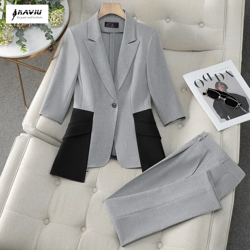 

NAVIU Black Gray Patchwork 2 Piece Set Women Suits Coat Wedding Tuxedos Jacket Pants Clothing Lady Party Formal Blazer Trousers