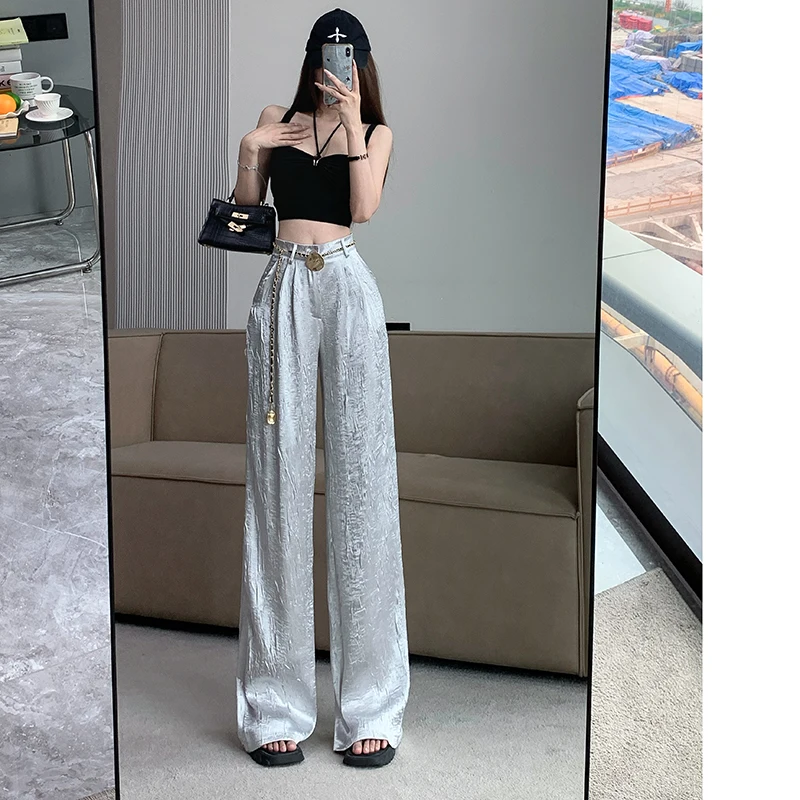 

Silver Texture Long Pants for Women Summer High Waist Draping Trousers Loose Full Length Jacquard Wide-leg Pants Female Clothes