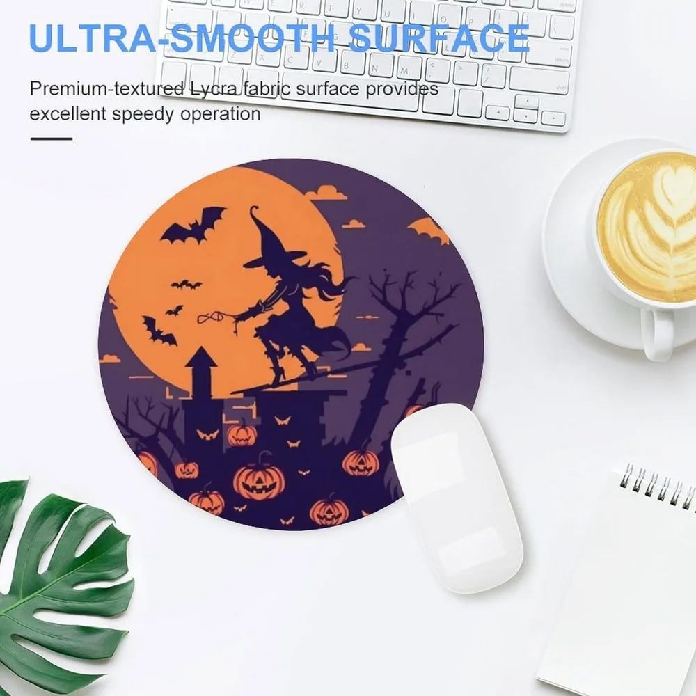 Alfombrilla de ratón redonda de bruja de Halloween de 20 cm con diseño de calabaza voladora y cráneo fantasma