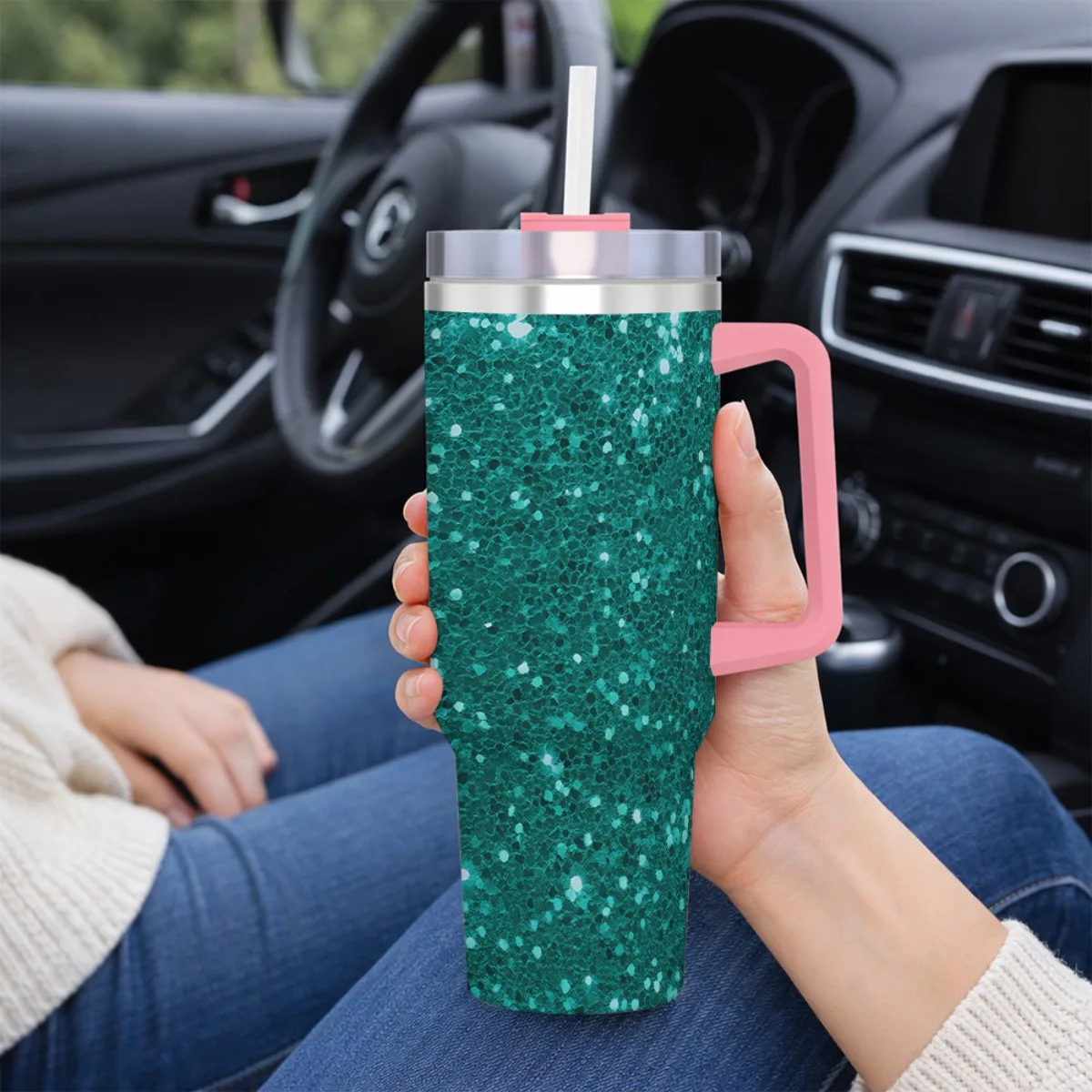 40oz Teal Glitter Texture Large Travel Mug with Handle Insulated Stainless Steel Tumbler