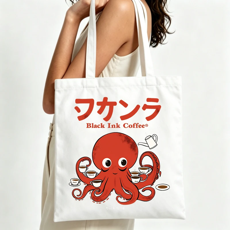 octopus graphic canvas tote bag with typography print, ideal for casual daily use and shopping outings