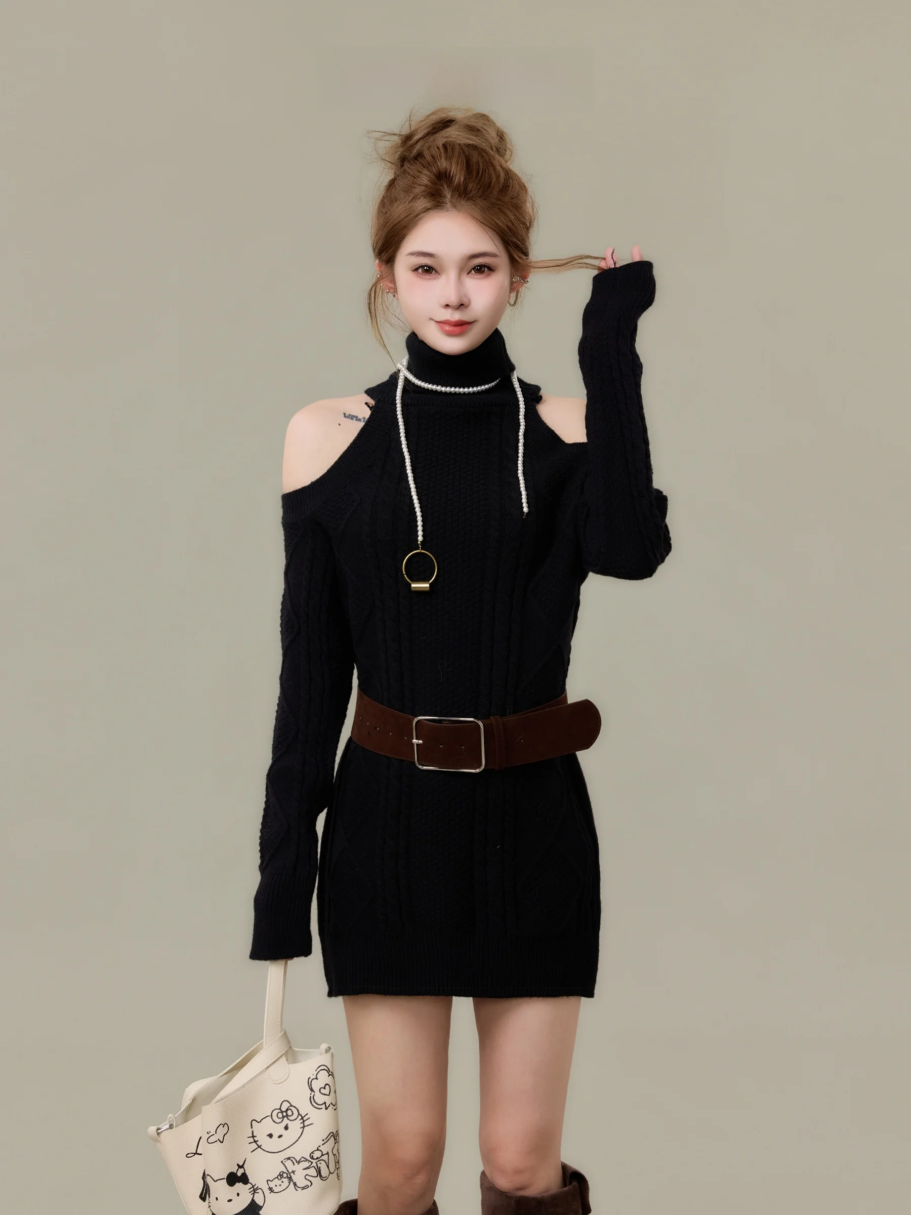 

Sexy Bla Knitted Sweater oulder Bared High Collar Slim Fit Women's Winter Faion Commute Sle Pure E-commerce Exclusive