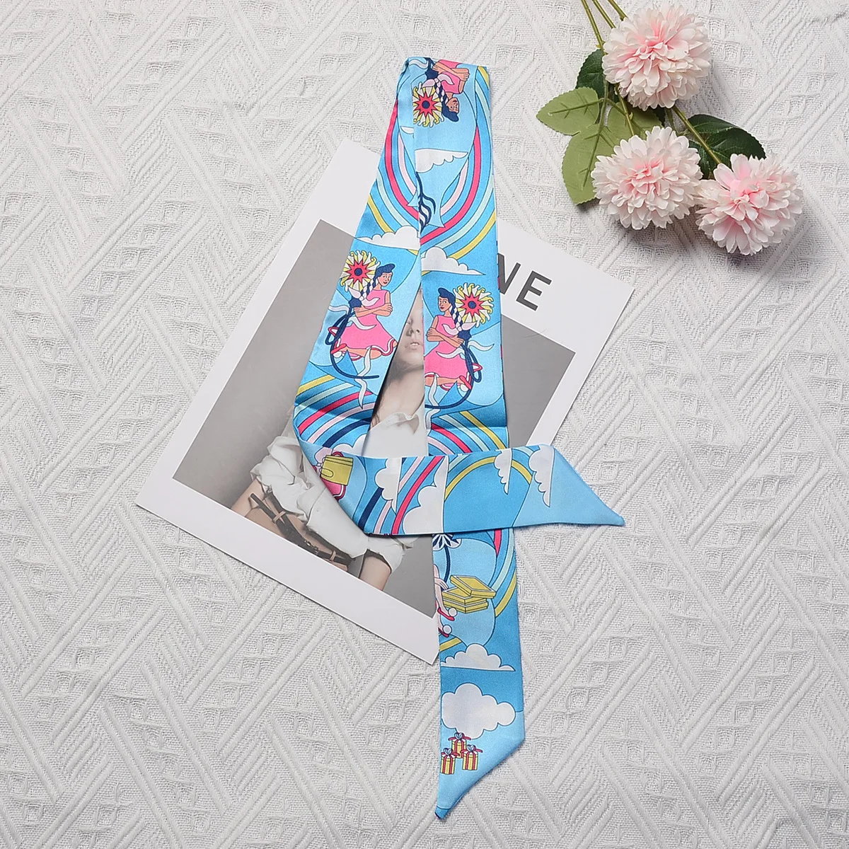 Women Hair Scarf 2024 New Brand Design Rainbow Princess Luxury Twill Silk Scarf Fashion Headband Skinny Bag Scarves Neckerchief