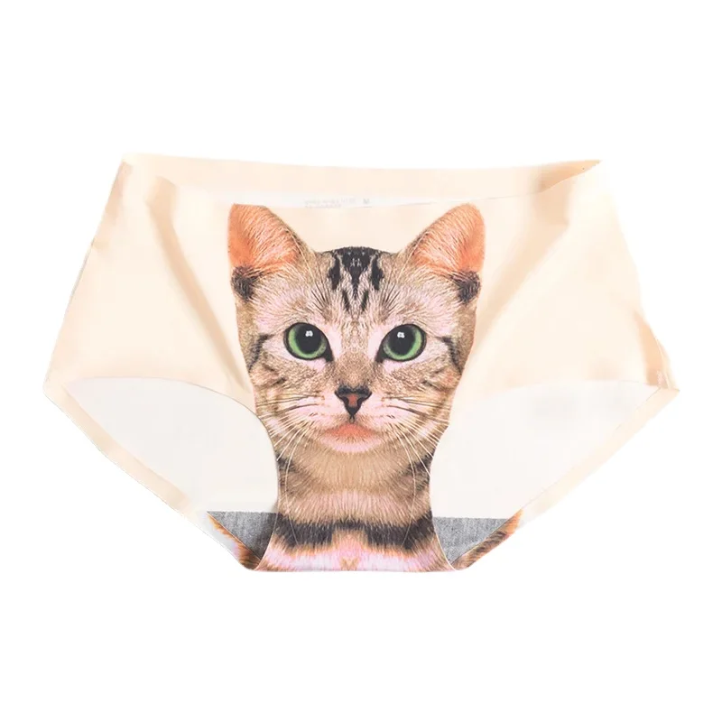 Seamless Ice Silk Female Panties Girl Cute Cartoon Cat Head Briefs Mid-waist Hip-lifting Panties Ladies 3D Cat Panties Sexy