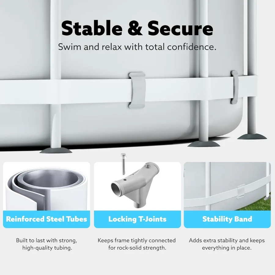 Zestaw basenu okrągłego, naziemnego, o wymiarach 305 cm x 76 cm, z wbudowaną pompą filtrującą, idealny na podwórko dla dorosłych.