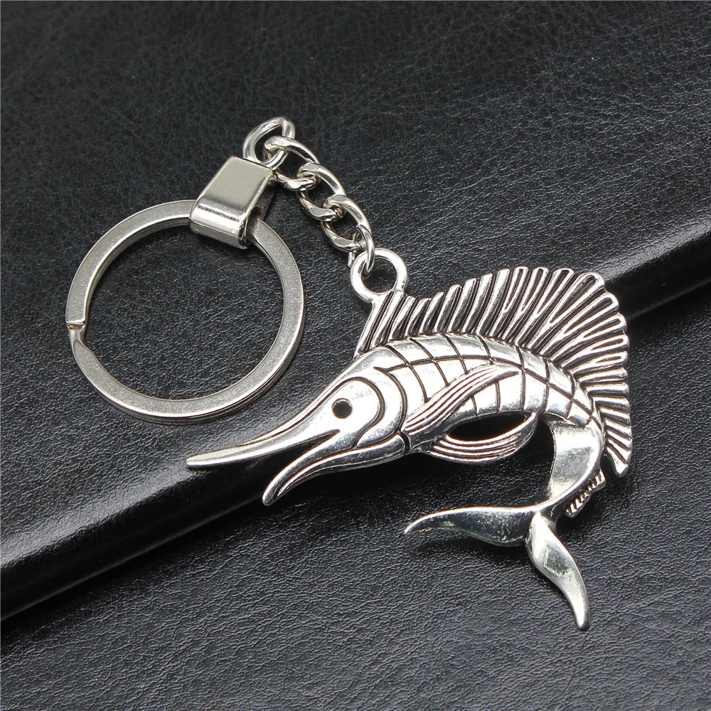 Men Jewelry Gift Vintage Antique Silver Color 55x40mm Swordfish Pendants Keychain Keyring Holder