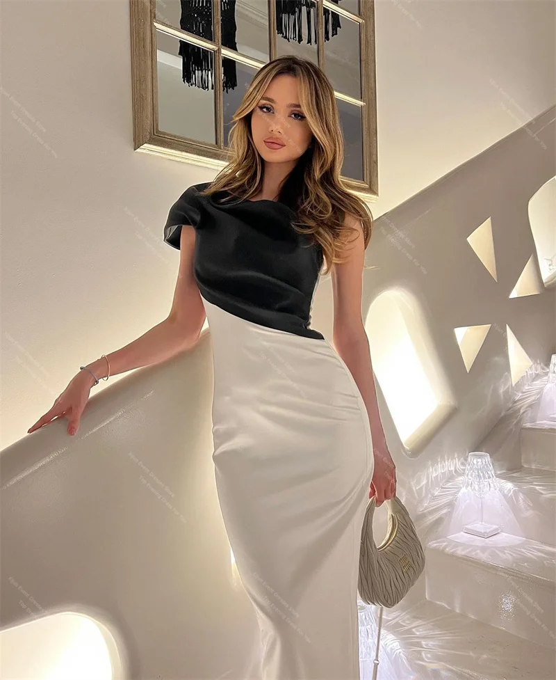 Xijun Mermaid Black White Long Evening Dresses One Shoulder Sleeveless Prom Dresses Saudi Arabric Simple Satin Prom Gowns 2024